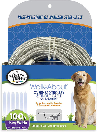 Four Paws Walk-About overhead trolley cable coiled on packaging with a Labrador retriever