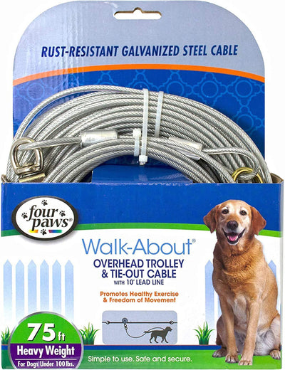 Four Paws Walk-About overhead trolley cable coiled on packaging with a Labrador retriever