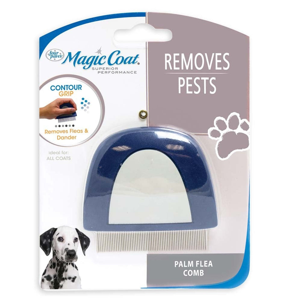 Palm-shaped flea comb with fine teeth in blister pack, dalmatian puppy photo