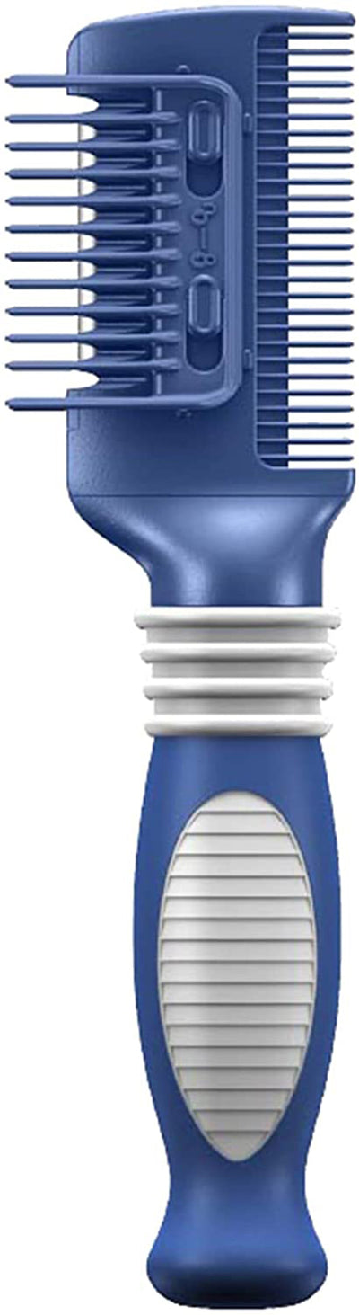 Blue dual-head detangling tool with wide-tooth comb on one end, fine comb on other