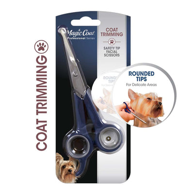 Packaged rounded-tip facial scissors with inset photo trimming a Yorkie's face