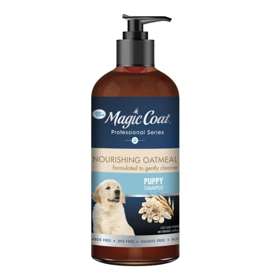 Pump bottle labeled Puppy Shampoo with golden retriever puppy photo and oatmeal graphic