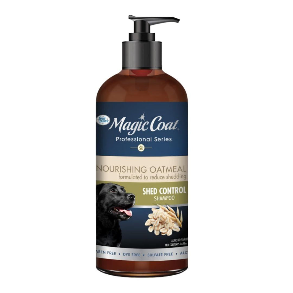 Pump bottle labeled Shed Control Shampoo with black Labrador photo and oatmeal graphic