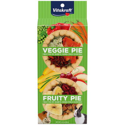 Vitakraft Veggie Pie & Fruity Pie small animal treats in green packaging with images of ingredients and pets.