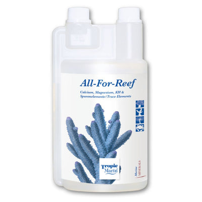 White bottle of Tropic Marin All-For-Reef supplement with a blue coral graphic and text detailing calcium, magnesium, and.