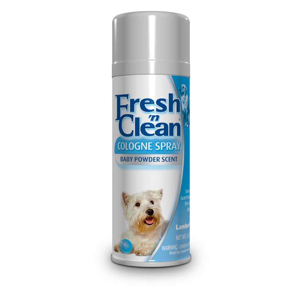 Silver cologne spray can with terrier on label, baby powder scent