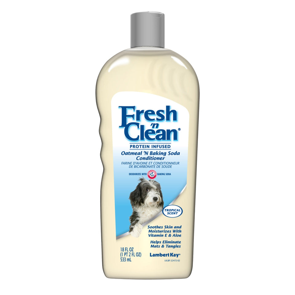 Cream bottle with shaggy gray and white dog on Oatmeal 'N Baking Soda Conditioner label
