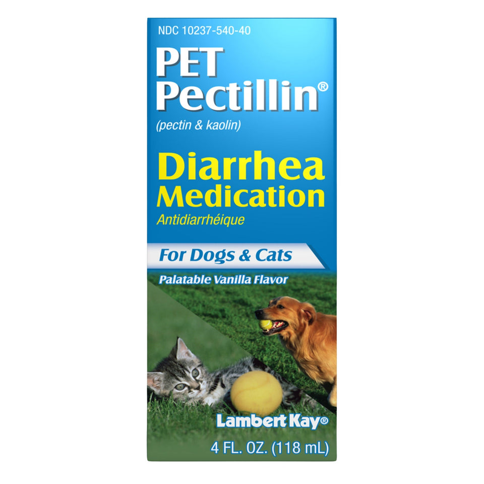 Pet Pectillin diarrhea medication box front panel showing a dog and a kitten