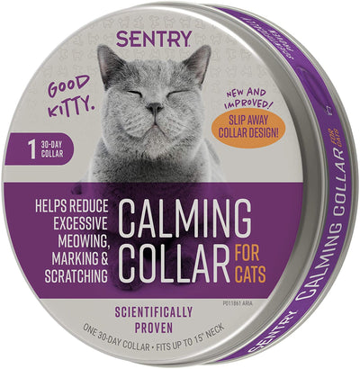 Front view of a SENTRY Calming Collar for Cats in a round silver tin with a purple label and a gray cat.