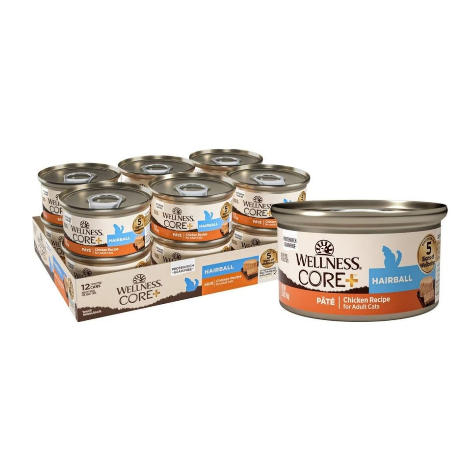 Wellness CORE+ Hairball Wet Cat Food, Chicken and Tuna GF Pate, 2.8 oz