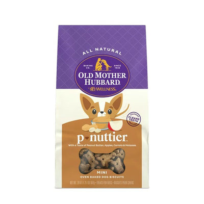 Purple and brown bag of Old Mother Hubbard Mini P-Nuttier dog biscuits with a dog illustration and bone-shaped window.