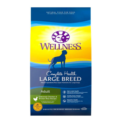 Blue and yellow bag of Wellness Complete Health Large Breed Adult Deboned Chicken & Brown Rice Recipe dog food.