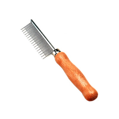 Wood-handled cat shedding comb with two rows of metal teeth, angled on a white background.