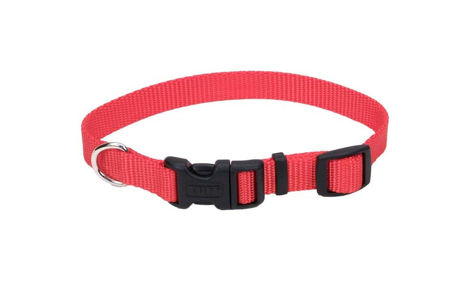 Red nylon dog collar shown in an oval loop with buckle and slide