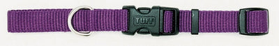 Purple nylon collar laid flat with metal D-ring and black buckle