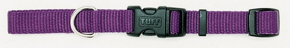 Purple nylon collar laid flat with metal D-ring and black buckle