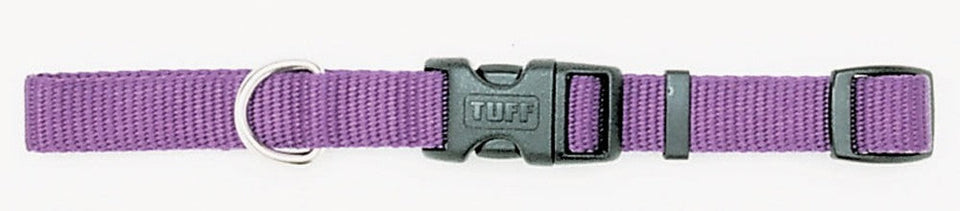 Purple nylon dog collar laid flat showing quick-release buckle and slide adjuster