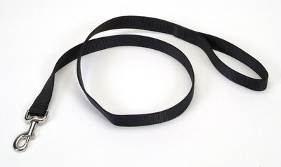Black nylon dog leash, 1 inch wide, coiled with metal clasp