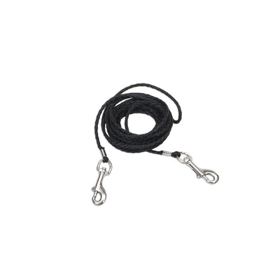 Coiled black rope tie-out line with metal swivel clips on each end