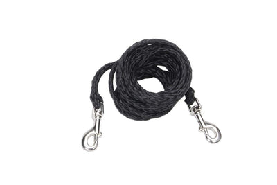 Coiled black rope tie-out cable with a metal clip at each end