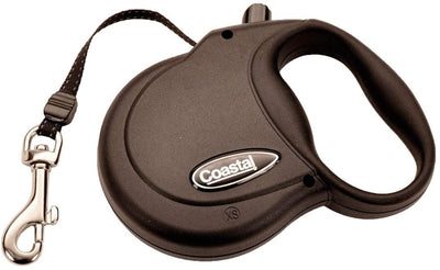 Black retractable dog leash coiled with silver clip and handle