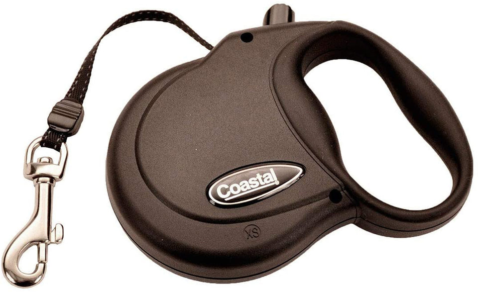 Black retractable dog leash coiled with silver clip and handle