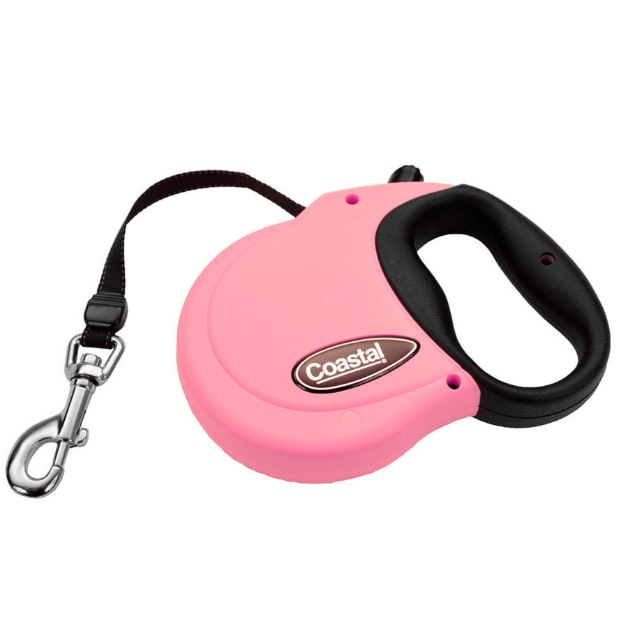Pink and black retractable dog leash coiled with silver clip