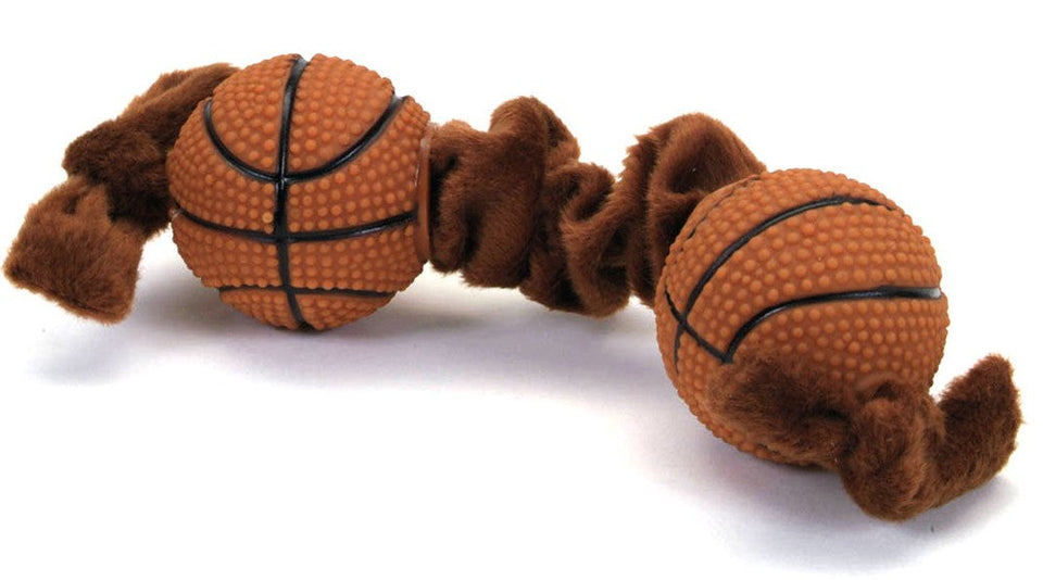Lil Pals Plush and Vinyl Basketball Tug Dog Toy, Brown, 8 in