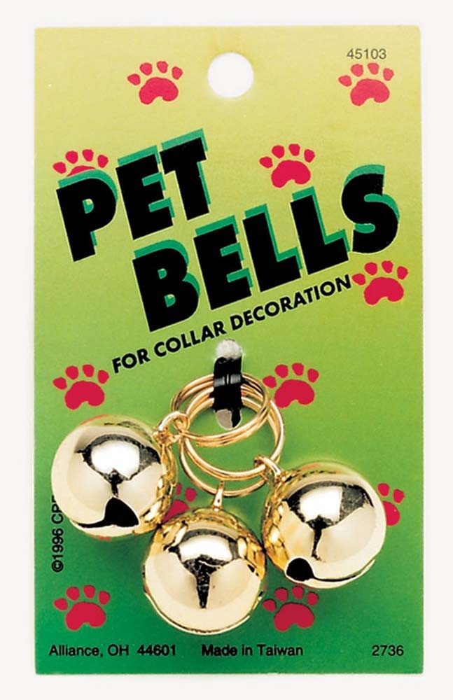 Pet Bells package card showing three gold jingle bells for collars