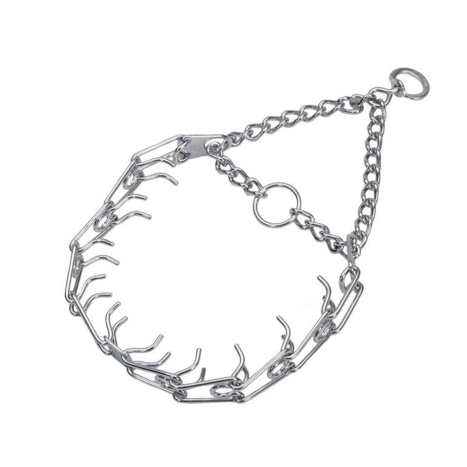 Coiled chrome prong training collar with link chain and pull ring