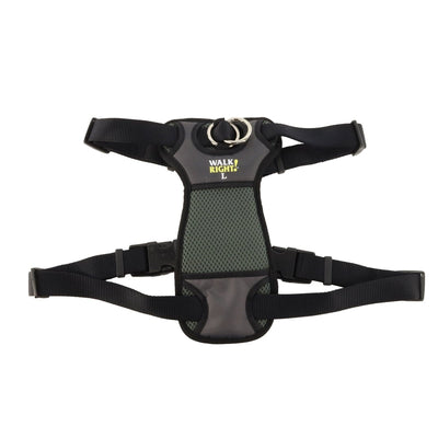 Front-facing view of a gray and black padded dog harness with a green mesh chest panel and "WALK RIGHT! L" logo.
