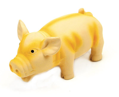 Yellow latex pig dog toy with black eyes, viewed from the front left on a white background.