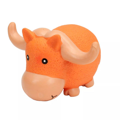 Orange rubber bull toy with curved horns and textured pebbled skin