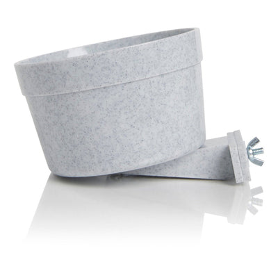 Larger grey speckled cage crock bowl tipped on its side by mounting bracket