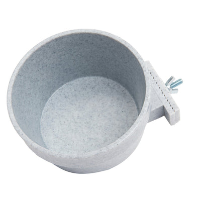 Grey speckled cage crock bowl viewed from above with mounting screw