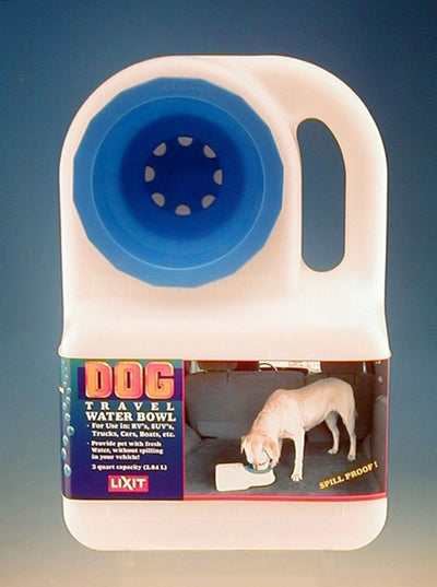 White travel jug with attached blue fold-out bowl and spill-proof car label