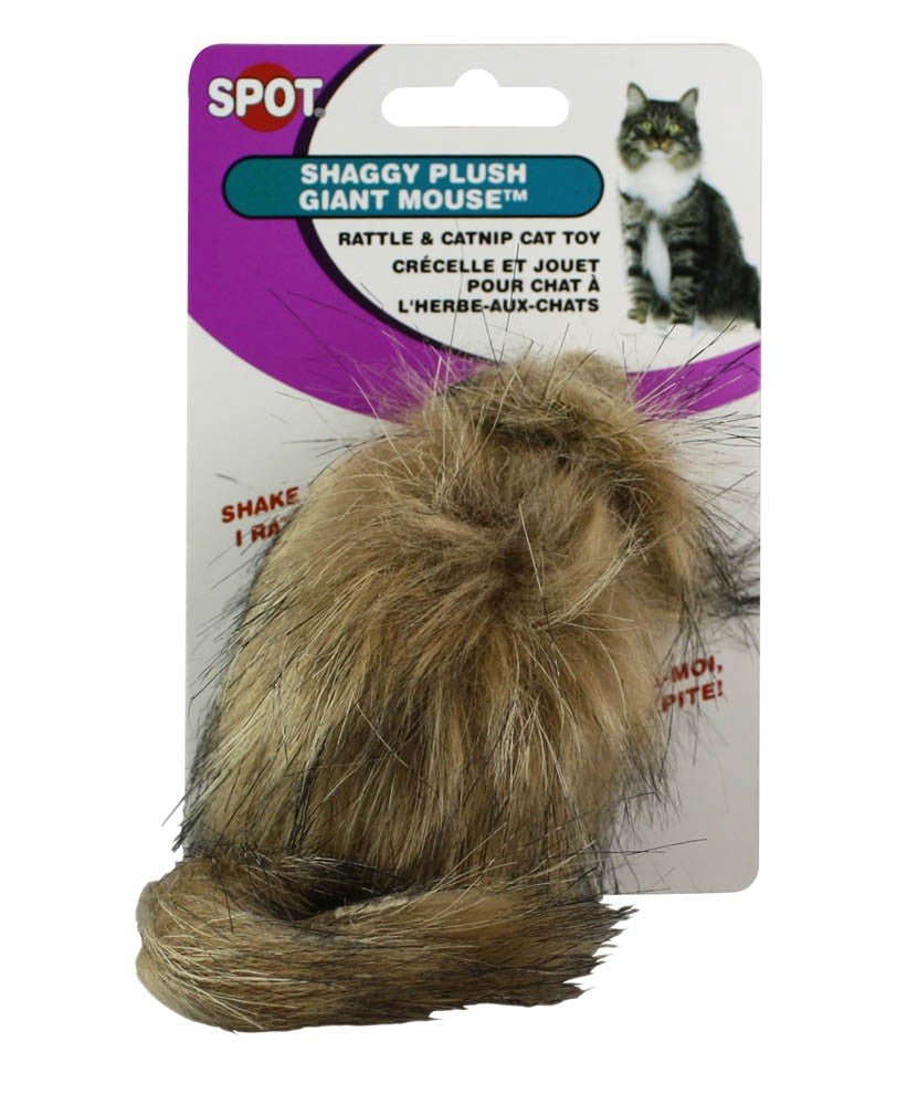 Spot Shaggy Plush Giant Mouse Rattle and Catnip Cat Toy Brown 8.5 in Giant - Pets Perfect