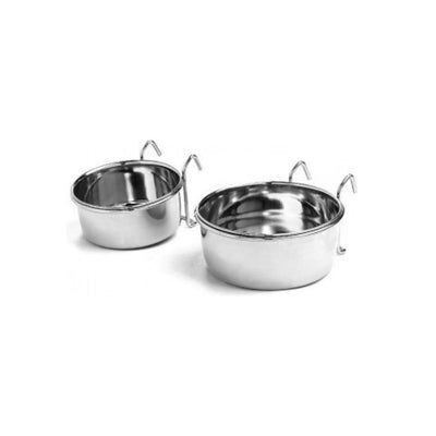 Two shiny silver stainless steel pet food bowls with wire hangers are shown on a white background.