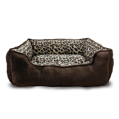 Chocolate brown pet bed with a leopard print interior, viewed from the front.