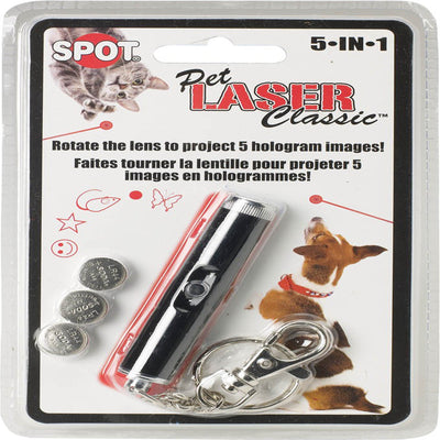 A Spot Laser Classic 5-in-1 pet laser pointer in clear packaging with a cat, dog, and projected images.