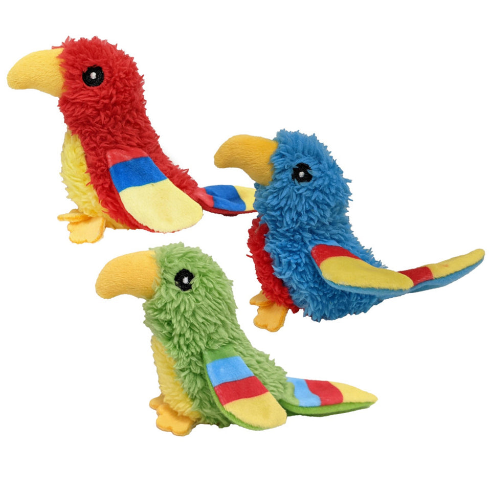 Three colorful parrot catnip toys, red, blue, and green, with yellow beaks and striped wings/tails.