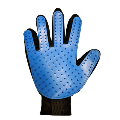 Blue and black pet grooming glove with rubber nubs, shown flat against a white background.