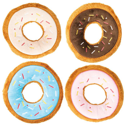 Four plush donut dog toys with different colored frosting and sprinkles are arranged on a white background.