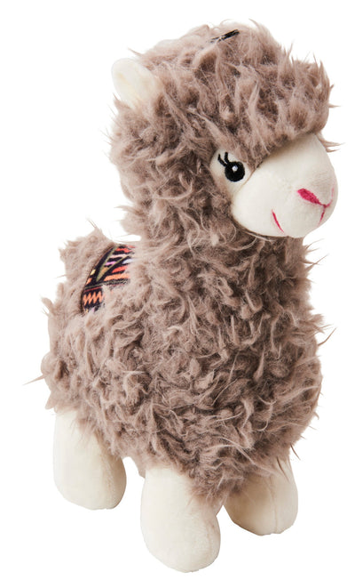 Brown plush llama dog toy with white face, ears, and feet, and a colorful patterned patch on its back.