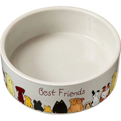 White ceramic pet bowl with "Best Friends" and cartoon dogs and cats around the outside.