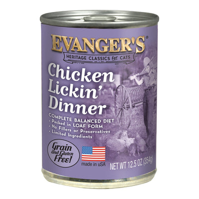 Evanger's Chicken Lickin' wet cat food can, purple label with gold lettering, a woman feeding chickens in the background.