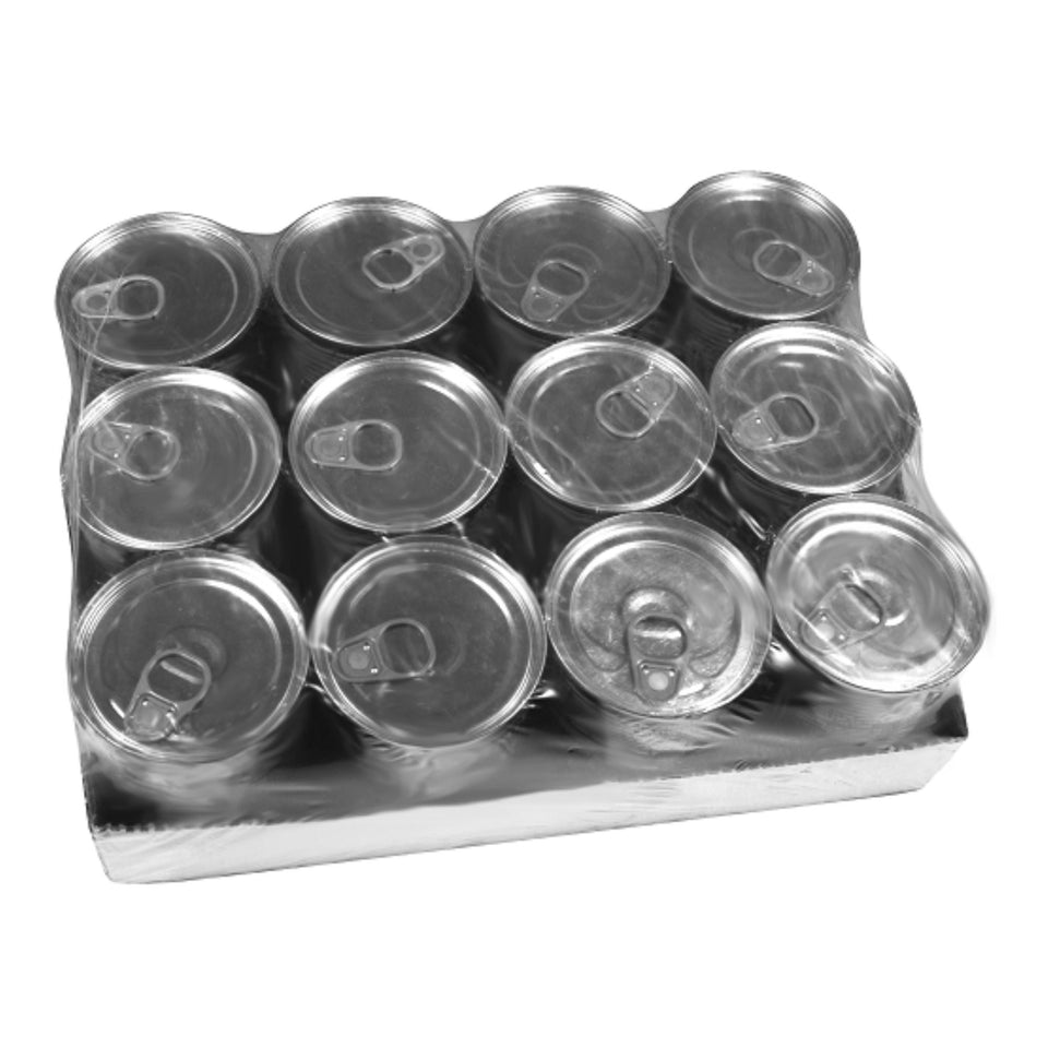 Twelve-can case of Goin' Fishin' Dinner shrink-wrapped with pull-tab lids visible