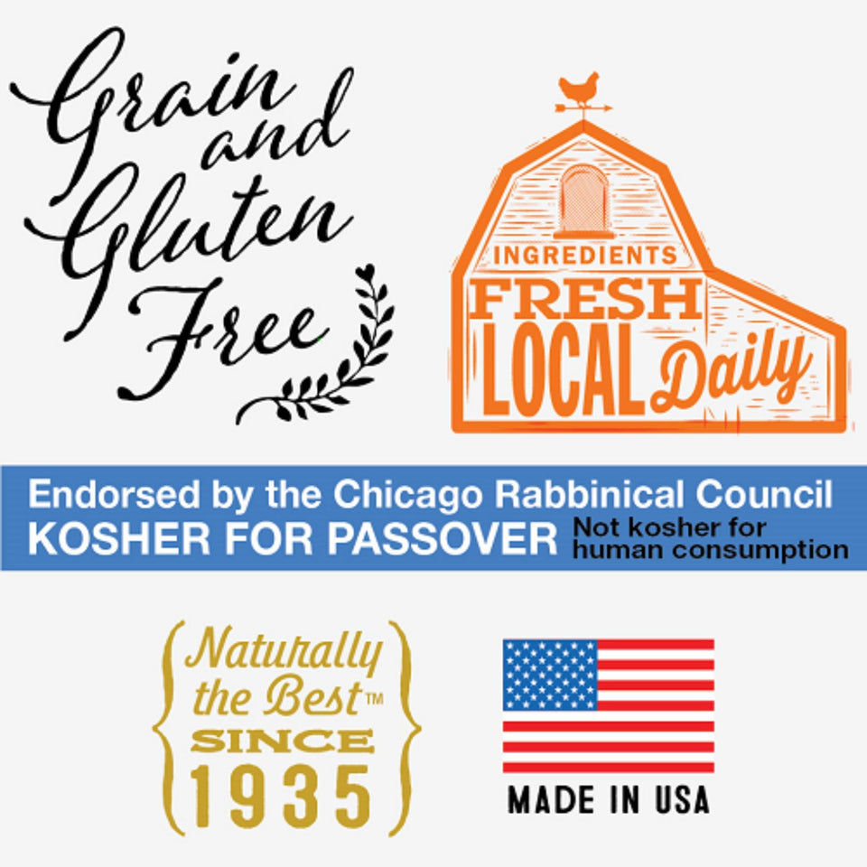 Grain and Gluten Free, Fresh Local Daily, and Kosher for Passover badges