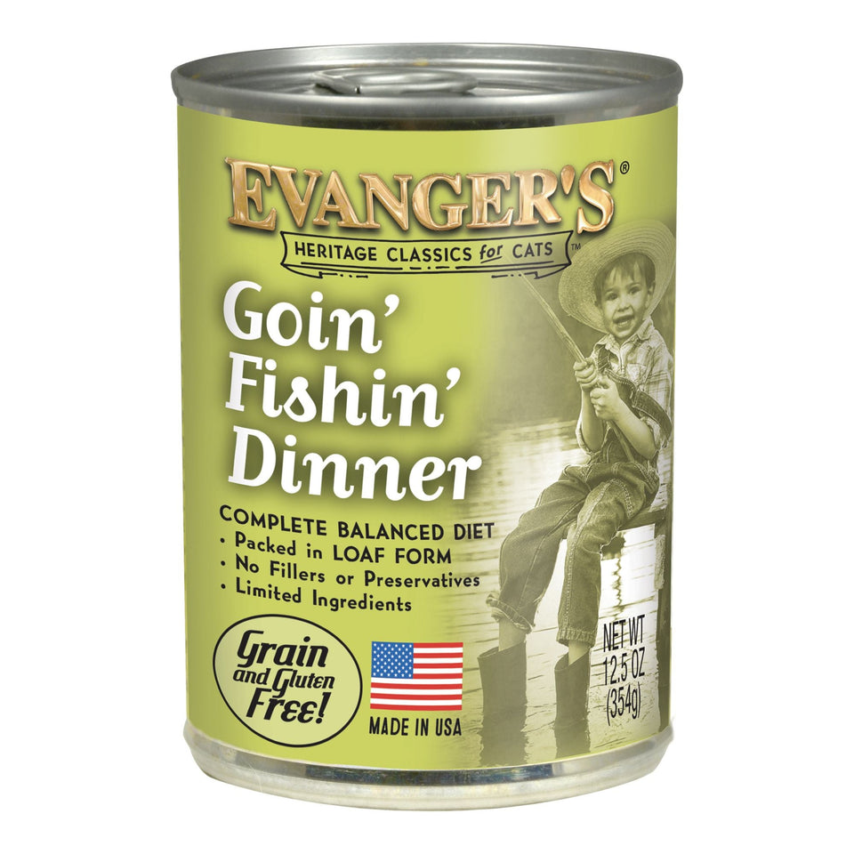 Goin' Fishin' Dinner cat food can label with boy fishing on dock
