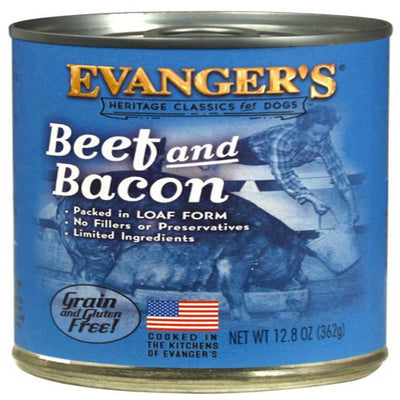 Blue can of Evanger's Beef & Bacon wet dog food with a vintage-style label showing a person feeding a pig.